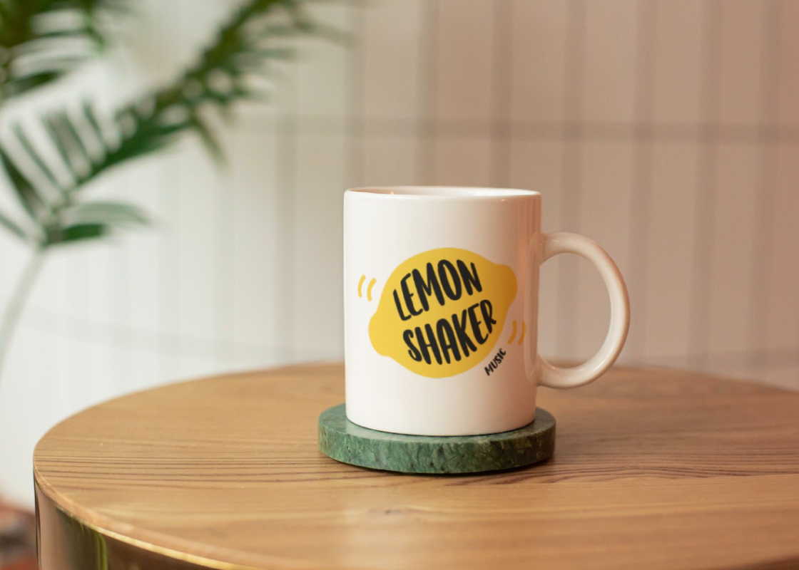 Lemon Shaker Music logo on a mug
