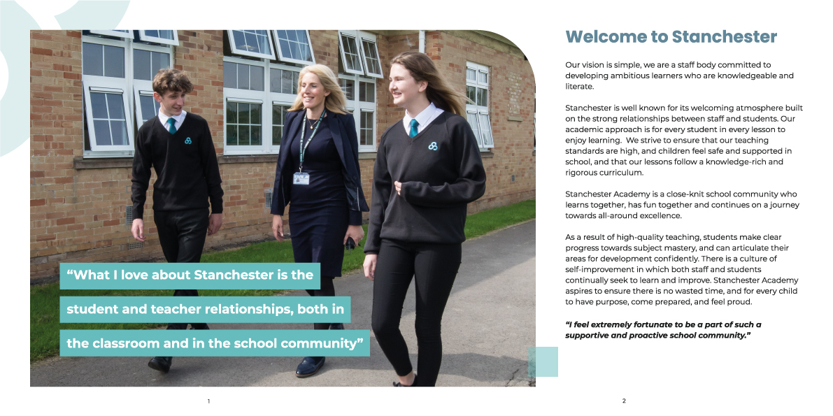 Stanchester Academy prospectus design welcome page